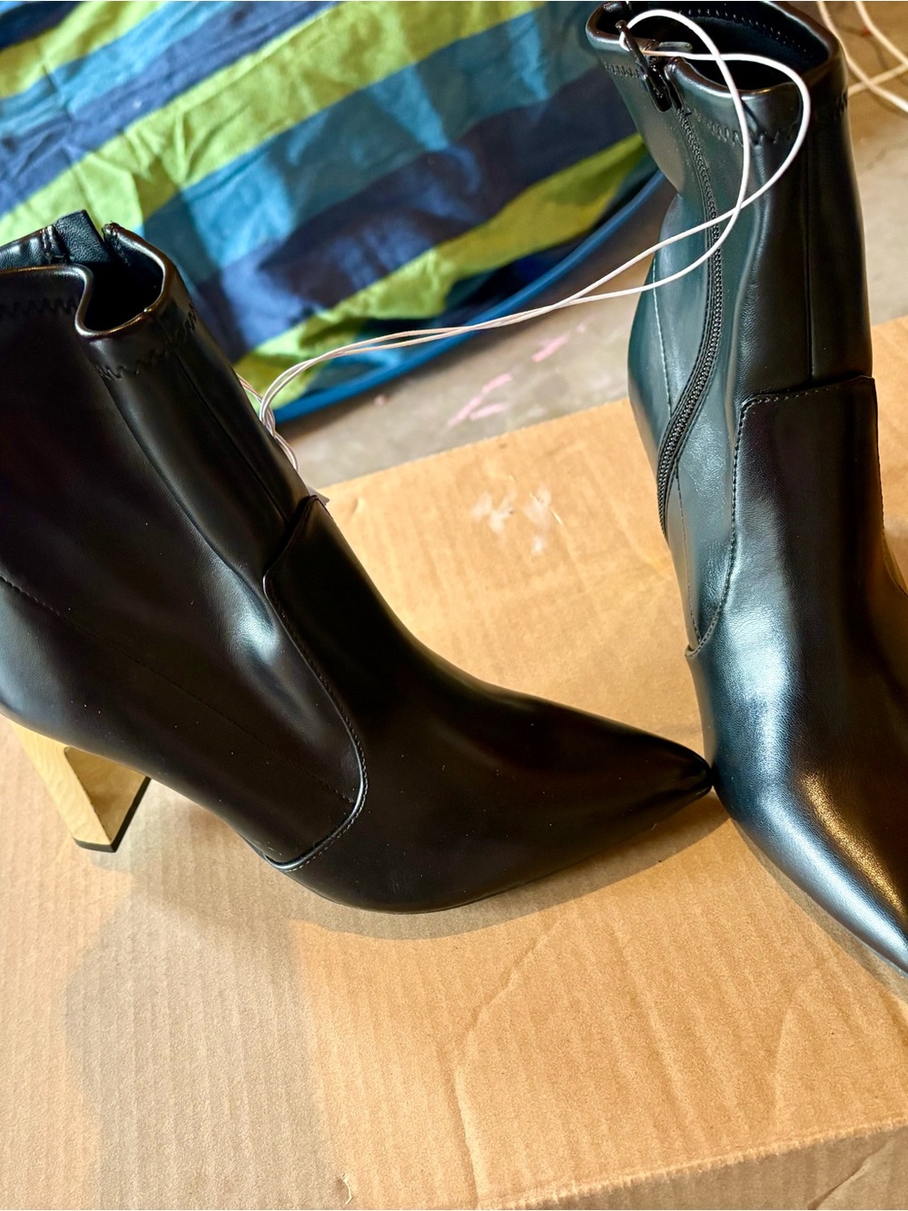 Black Pointed Ankle Boots with Gold Block Heel